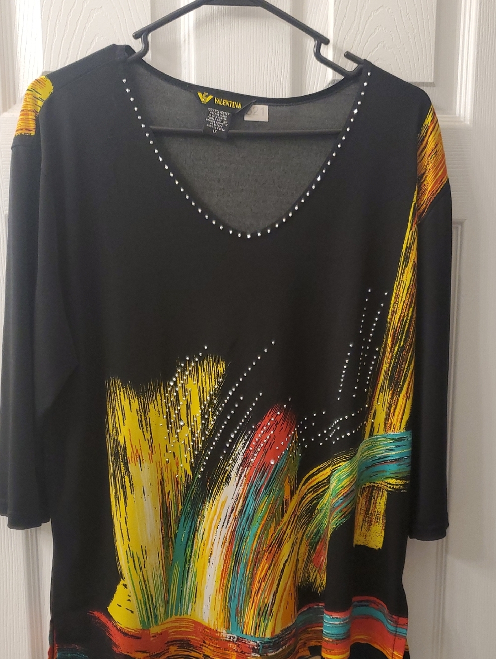 Valentina Black Long Sleeve V-Neck Top with Multicolor Brushstroke Print